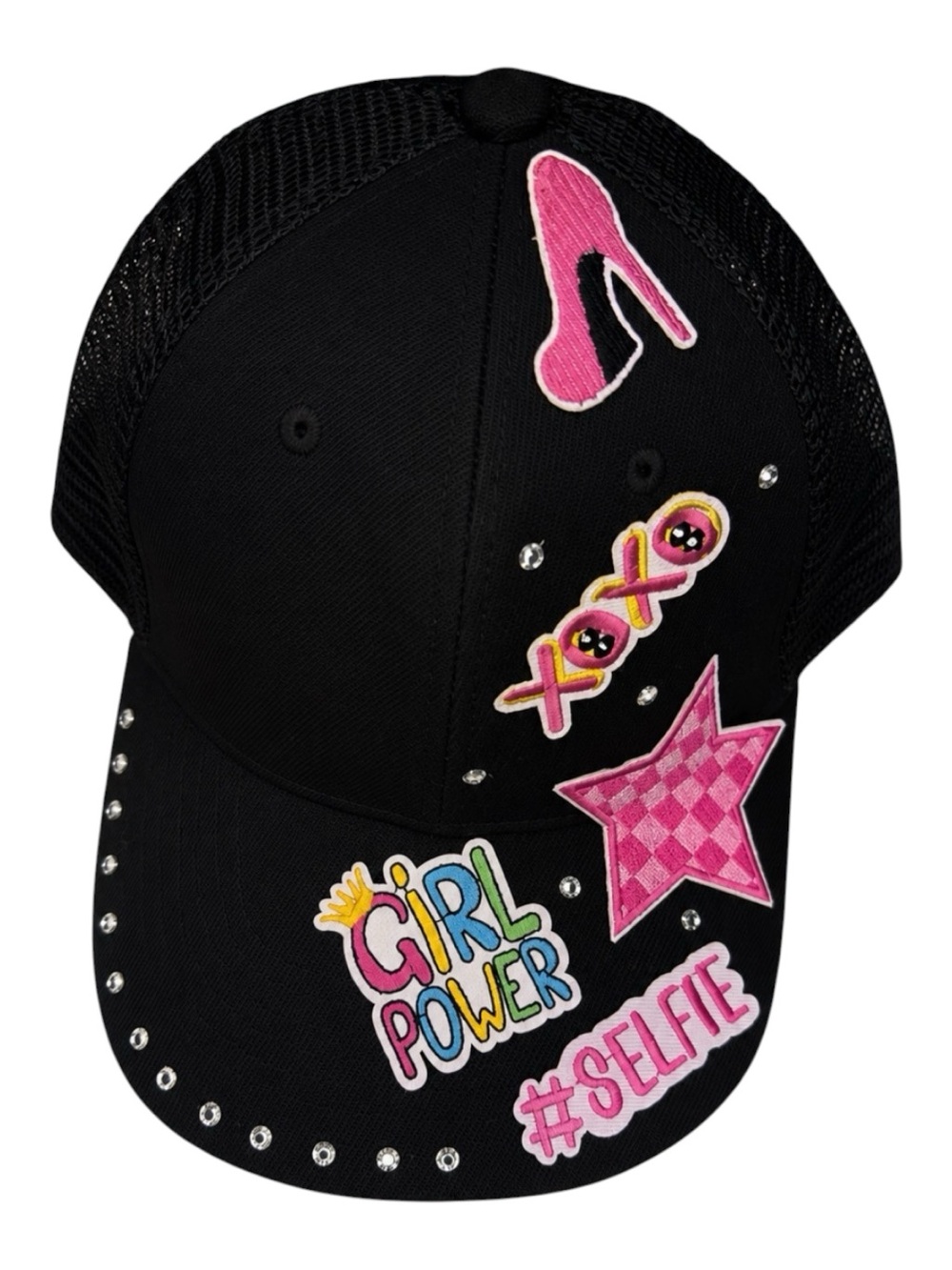 Black Embellished Patch Trucker Hat with Pink Accents - Picture 1 of 4